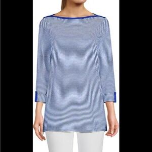 Lands' End Women's Size 2x Supima Cotton Sleeve Boatneck blue white Micro Stripe